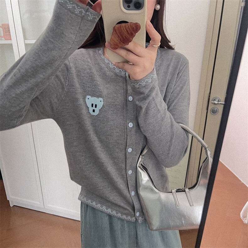 羊范设计感十足~春季新款精纺羊毛针织开衫女士圆领小熊提花外套,针织衫/毛衣,佰米娇羊绒