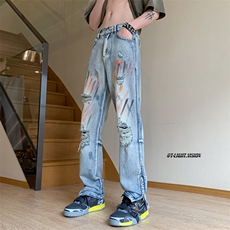 B221美式ins嘻哈色彩涂鸦小众拉链破洞牛仔裤LK23085-P65控88，男装牛仔裤，电商B221