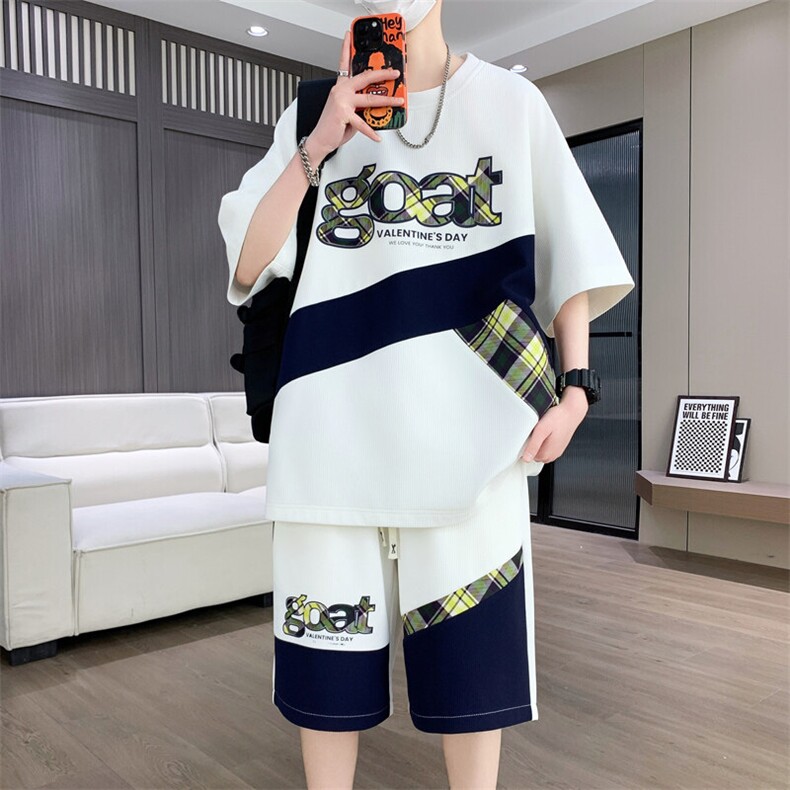 港风套装男休闲宽松冰丝青年圆领短袖T恤短裤两件套-JZ503-P51,男装牛仔裤,星座310B