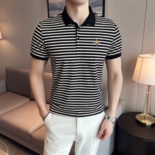 小香风条纹帅气弹力短袖T恤翻领Polo衫刺绣高级感半袖上衣T08-P50，男装T恤，电商D342