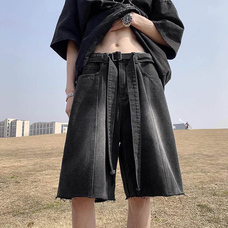 做旧水洗毛边牛仔短裤男夏季美式复古炸街痞帅高街宽松阔腿五分裤,男装牛仔裤,星座506A