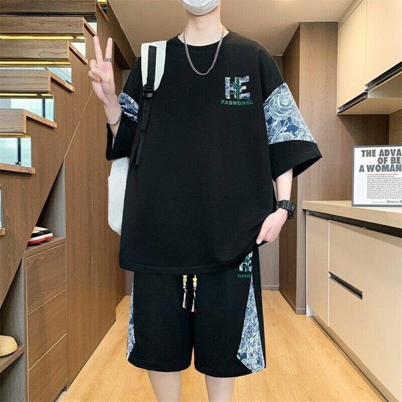 TZ25303-P55夏季休闲T恤短裤男两件套港风学生宽松短袖运动套装,男装牛仔裤,电商D310B