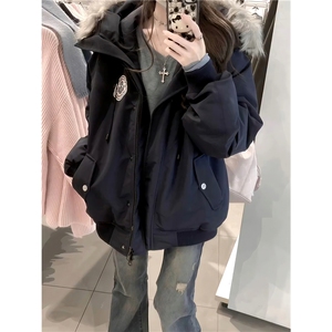 美式潮牌连帽毛领派克棉服男女冬季加厚刺绣工装棉服MF09图片