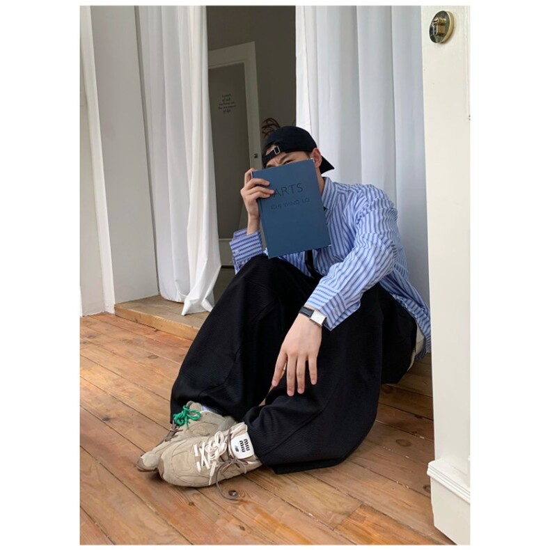 式休闲刺绣长袖条纹衬衫ins男宽松复古痞帅设计感领带衬衣潮牌,男装衬衫,四季星座505