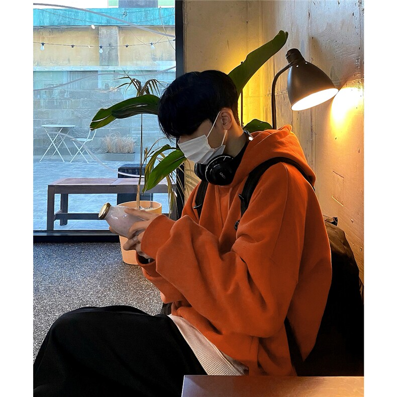 网图秋冬新款潮加绒连帽卫衣纯色百搭华棉潮WY001-P42橘色,男装卫衣,电商C310-1
