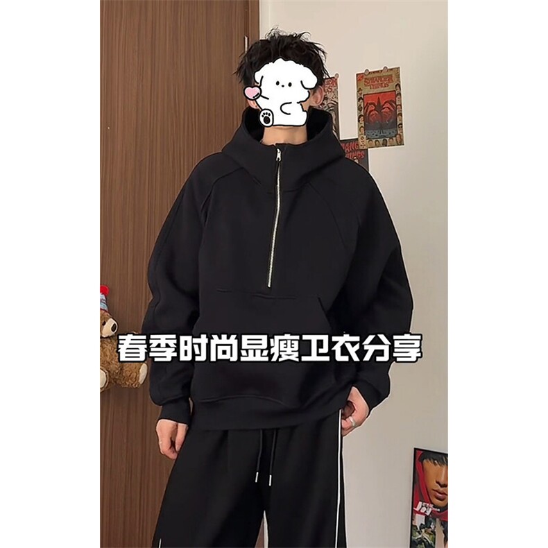 抖音特批P65无差价cleanfit重磅连帽半拉链大口袋卫衣男W5083,男装卫衣,电商A001