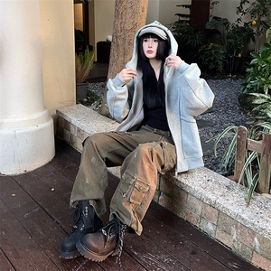 抖音得物高品质秋冬美式高街重磅结构辑明线纹理连帽卫衣外套W111图片