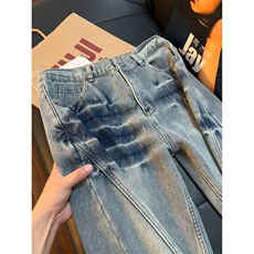 美式水洗磨白猫须直筒微喇牛仔裤男女复古百搭宽松裤子情侣裤潮，男装牛仔裤，星座302B