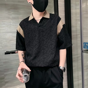 轻熟个性设计感短袖T恤男夏季痞帅修身翻领半截袖拼接撞色polo衫图片