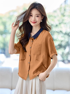 时尚撞色翻领衬衫女2025夏新款宽松显瘦简约休闲百搭短袖衬衣小衫图片