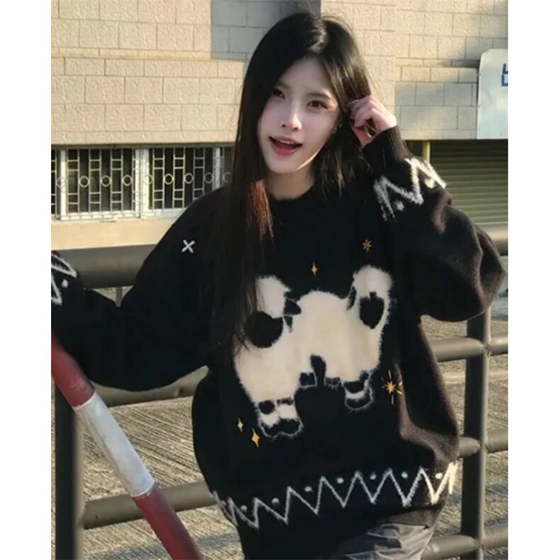 气质卡通小羊提花黑色毛衣女秋冬季宽松显瘦圆领针织衫M3302，男装针织衫/毛衣，星座1116A（原606A-3）