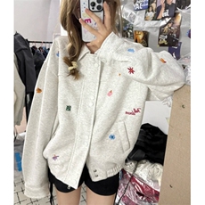 潮牌花卉刺绣小花刺绣翻领外套男女美式复古短款百搭情侣夹克，男装夹克，星座601-1
