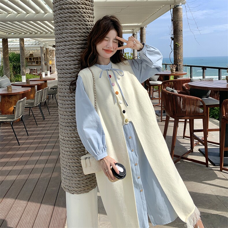 俏皮少女感套装女春季衬衫连衣裙彩色纽扣流苏针织背心裙子两件套图片