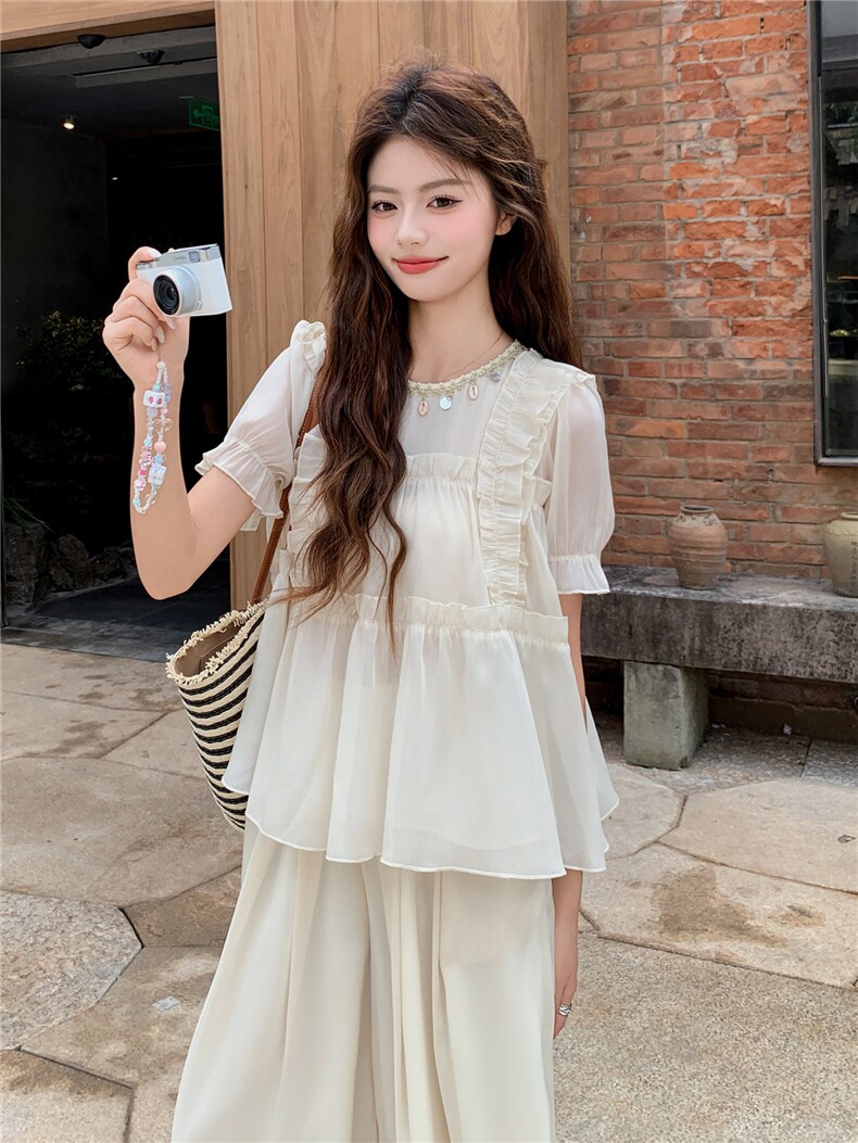 超仙时尚雪纺套装女2026夏新款半透减龄无袖木耳边阔腿裙裤两件套,女装套装/套裙,水衣源