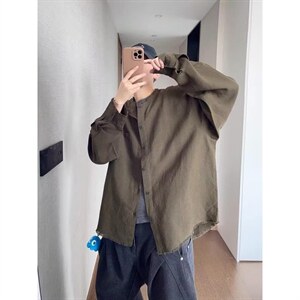 日系复古毛边长袖衬衫男士春秋休闲工装宽松打底衬衣 CS290图片