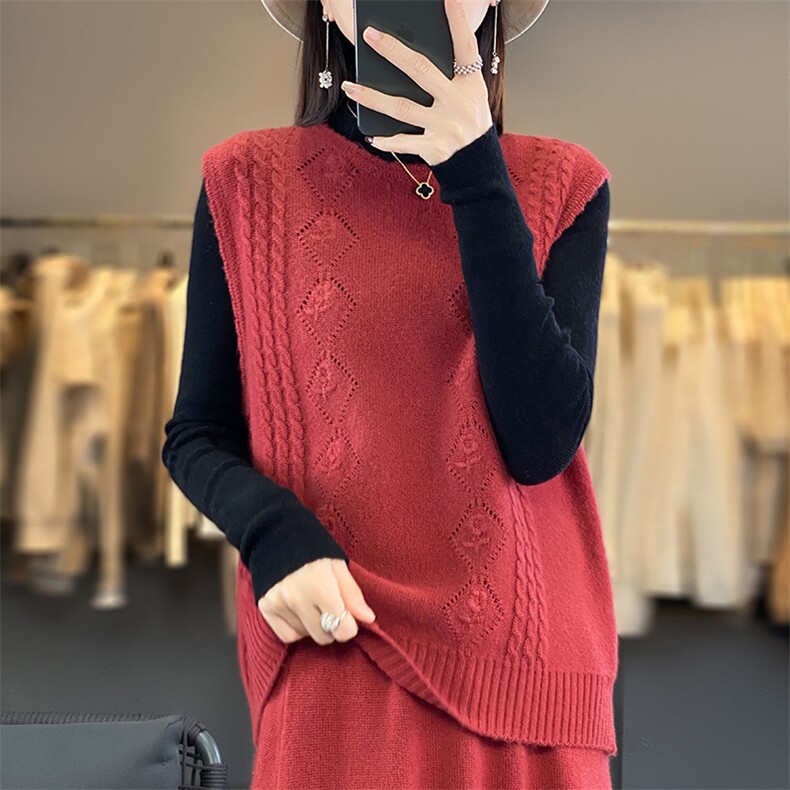 秋冬新款100%纯羊毛衫马甲女镂空钩花坎肩宽松羊绒叠穿毛衣打底衫，女装马甲，江南羊绒