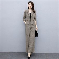 轻奢女装2025春夏设计感小众时尚格子短外套阔腿裤西装套装两件套，女装套装/套裙，魅影