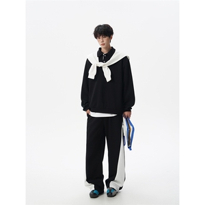 5XL-M潮流高级感披肩撞色拼接翻领百搭卫衣宽松弯刀长裤TZ113P118图片