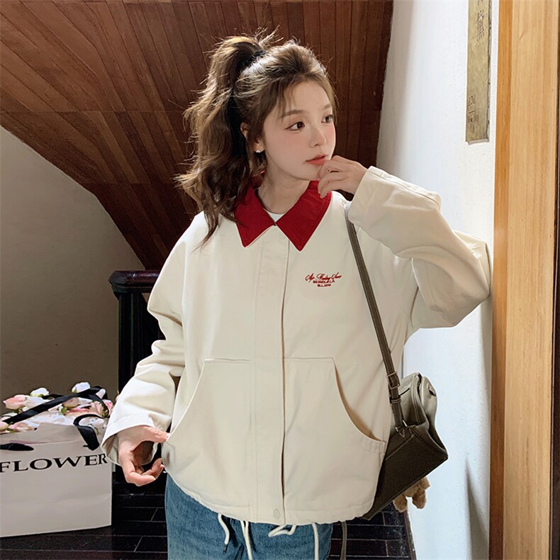 小个子学院风拼接撞色短外套女2025春季新款复古宽松时尚休闲夹克,女装短外套,维壹