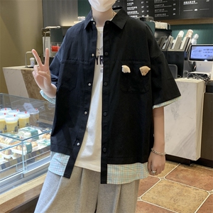日系ins潮流休闲帅气短袖拼接小熊衬衫原宿风衬衫男 W3137-P38图片