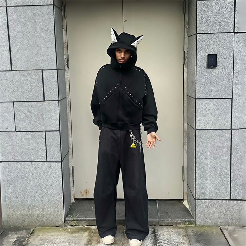 抖音得物高品质26春装美式高街铆钉杜宾犬耳朵开衫卫衣外套W125,女装短外套,电商A486