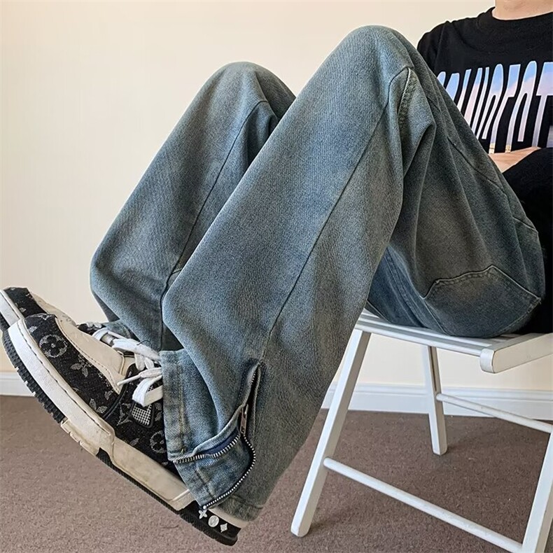 夏季新款美式高街牛仔裤男vibe设计感拉链微喇宽松直筒痞帅长裤子，男装牛仔裤，星座1013