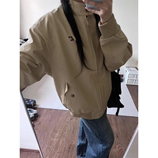 立领卡其色夹克外套女春秋新款美式复古宽松男女工装棒球服上衣潮，男装夹克，星座506A