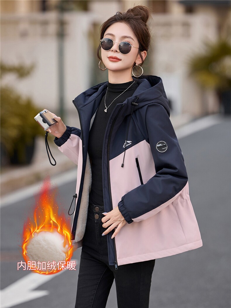 加绒外套女2025秋冬新款巨好看的韩系休闲百搭短款宽松撞色冲锋衣,女装棉衣/棉服,以桐