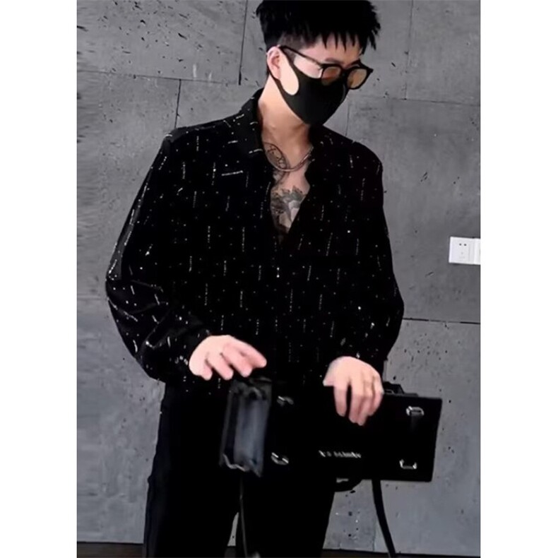 夜店发型师垫肩衬衫男士夏季烫钻宽松痞帅长袖衬衣CK226,男装衬衫,星座1116A（原606A-3）