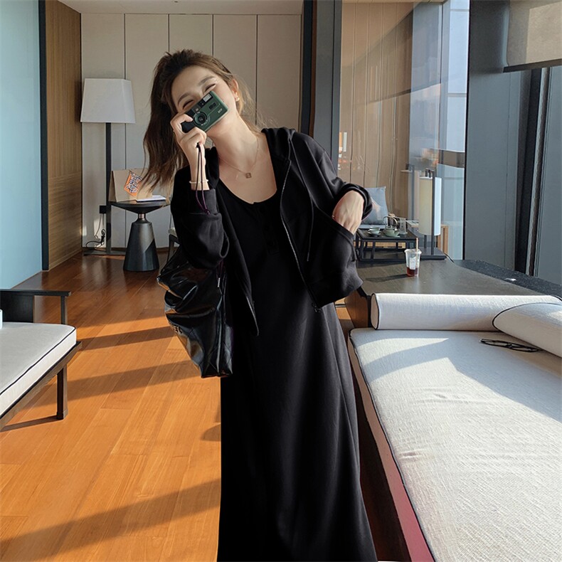 多巴胺穿搭火龙果色卫衣连衣裙女秋2024新款休闲运动长裙两件套装,女装套装/套裙,2C088