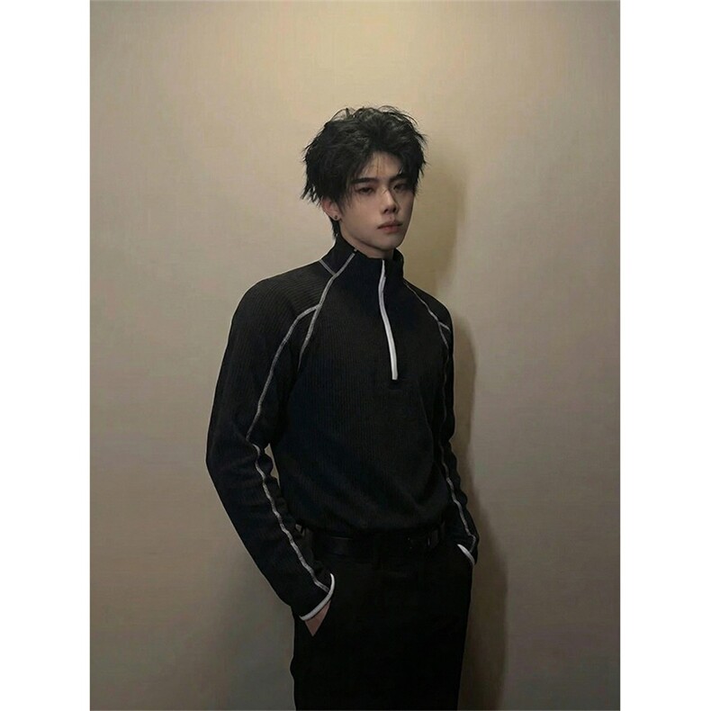 春季半拉链肌理感cleanfit长袖T恤撞色套头卫衣C64163-TP4588,男装T恤,电商A102