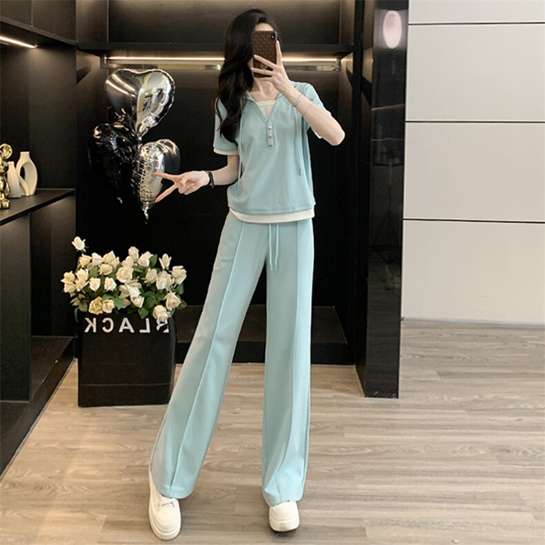 网红休闲运动套装女夏季新款假两件连帽短袖卫衣阔腿裤两件套潮流,女装套装/套裙,江南