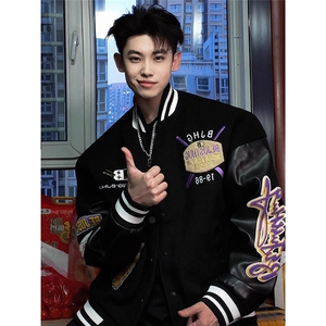 B1024-P78 美式潮牌棒球服男款字母植绒刺绣外套pu皮拼接袖图片