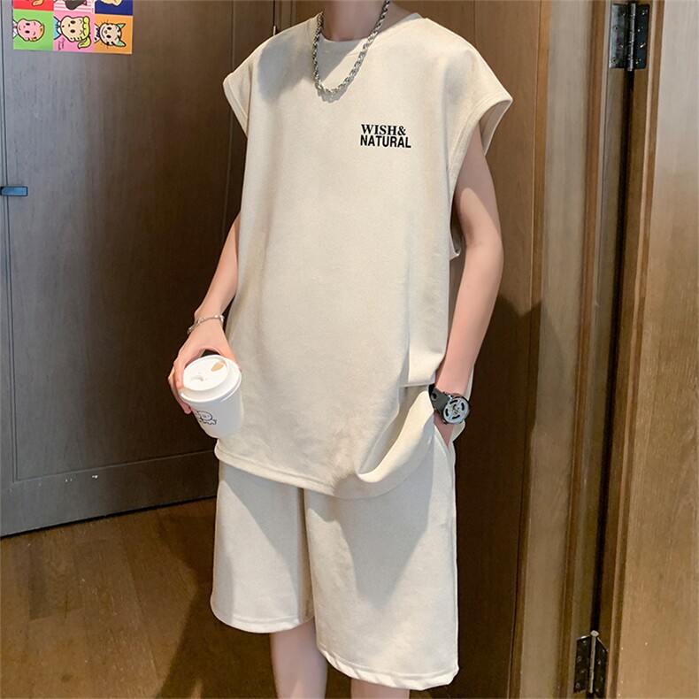 直播美式麂皮绒宽松背心无袖t恤短裤大码两件套套装TZ44-P58,男装T恤,电商A486