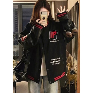 印花春秋徽章拼接皮袖男女撞色棒球服外套潮宽松夹克 J835图片
