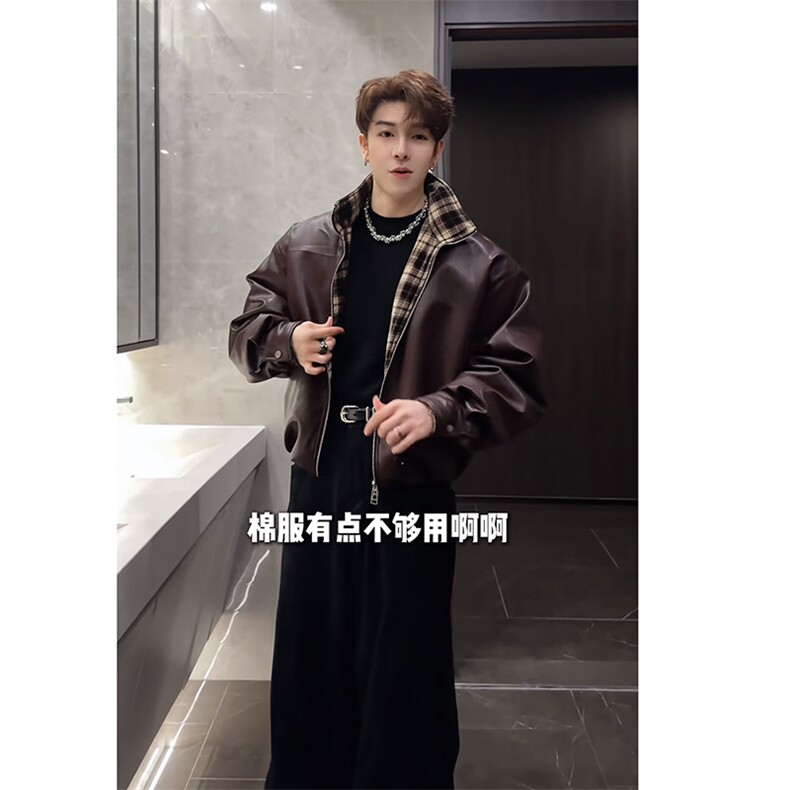 秋冬复古格子拼接加棉机车皮衣夹克棉外套男潮JK2377-P145网图,男装夹克,电商B267
