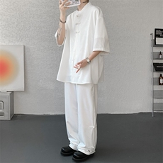 国风龙纹刺绣衬衫男款高级感新中式短袖中山装盘扣冰丝七分袖衬衣，男装衬衫，电商B238
