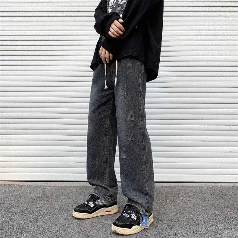 牛仔裤男水洗美式高街复古直筒潮牌宽松阔腿百搭裤N06041-P45图片