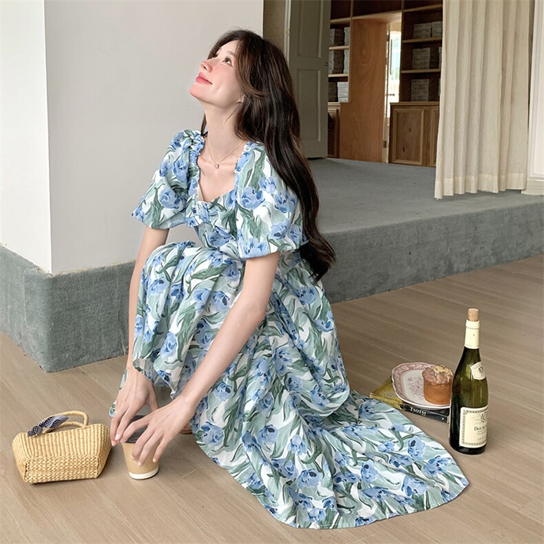 后背蝴蝶结蓝色碎花连衣裙女夏法式茶歇极简钓系约会裙度假仙女裙,女装连衣裙,2C262