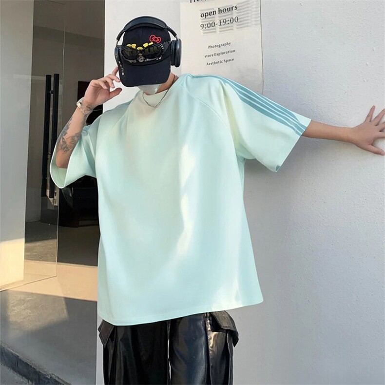 抖音得物品质二开240克宽松纯棉美式潮牌印花三条杠中性风短袖T恤,男装T恤,电商A486-1