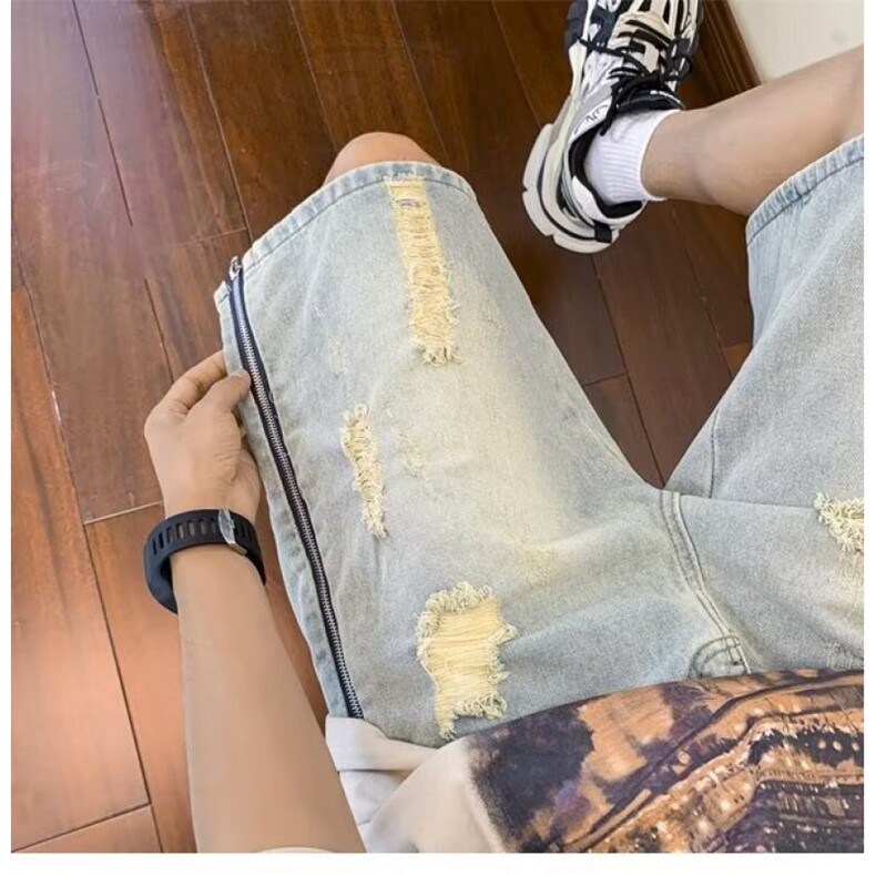 夏男破洞牛仔短裤开叉拉链渐变色短裤D6P45,男装牛仔裤,星座1013-1