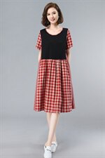 时尚拼接格纹连衣裙显瘦修身大码女装优雅气质短袖裙装，女装连衣裙，依恋蒂丝