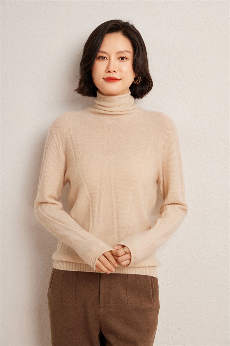 秋冬季35%羊绒65%羊毛休闲百搭12针反针纹理堆堆领羊绒衫,女装羊绒衫,广悦羊绒