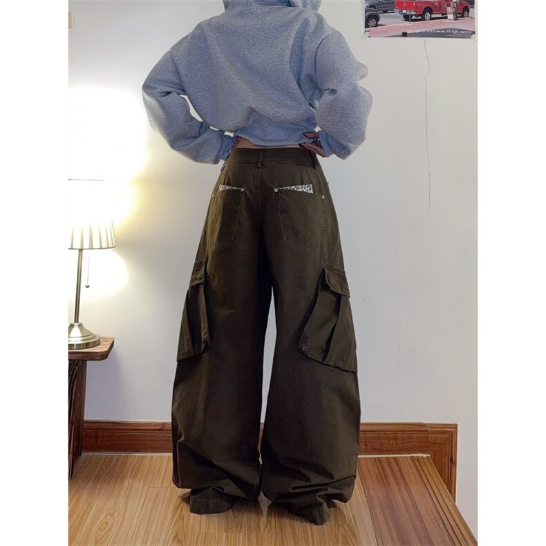 美式复古豹纹拼接多口袋牛仔裤男女cleanfit宽松工装裤情侣阔腿裤,男装牛仔裤,四季星座505