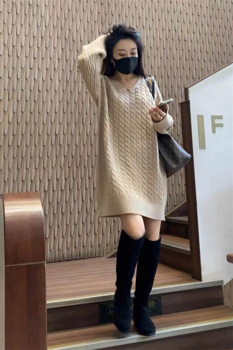毛衣女羊绒衫新款加厚慵懒百搭法式复古麻花软糯针织连衣裙秋冬季，女装连衣裙，美莎羊绒