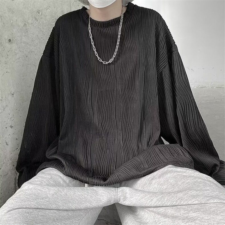 600-P33新款水波纹t恤男褶皱肌理感宽松长袖凉感华夫格提花T恤,男装T恤,电商B323A