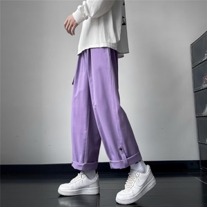 卷边搭扣裤子男宽松直筒秋款韩版潮流大码阔腿坠感九分休闲长裤图片
