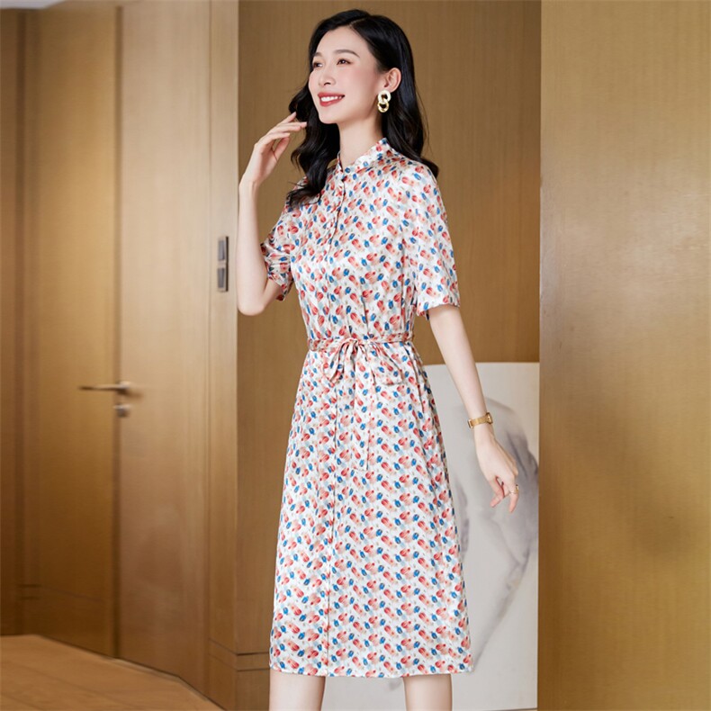 端庄大气碎花真丝连衣裙女中长款夏季2024新款超好看桑蚕丝裙子夏,女装连衣裙,阿舍尔精品