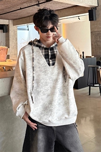 WY10150-特批50 控98  新款小众撞色拼接格子假两件大帽子卫衣图片