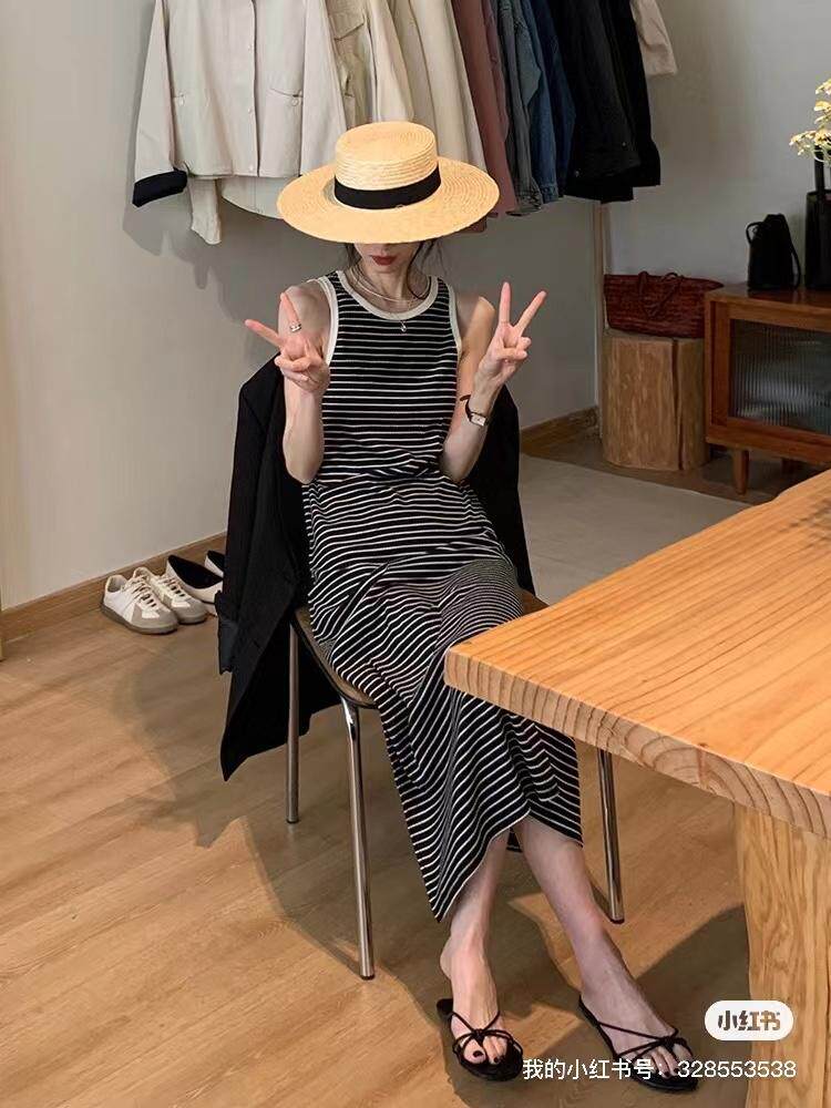 条纹背心连衣裙，女装背心吊带，DAP